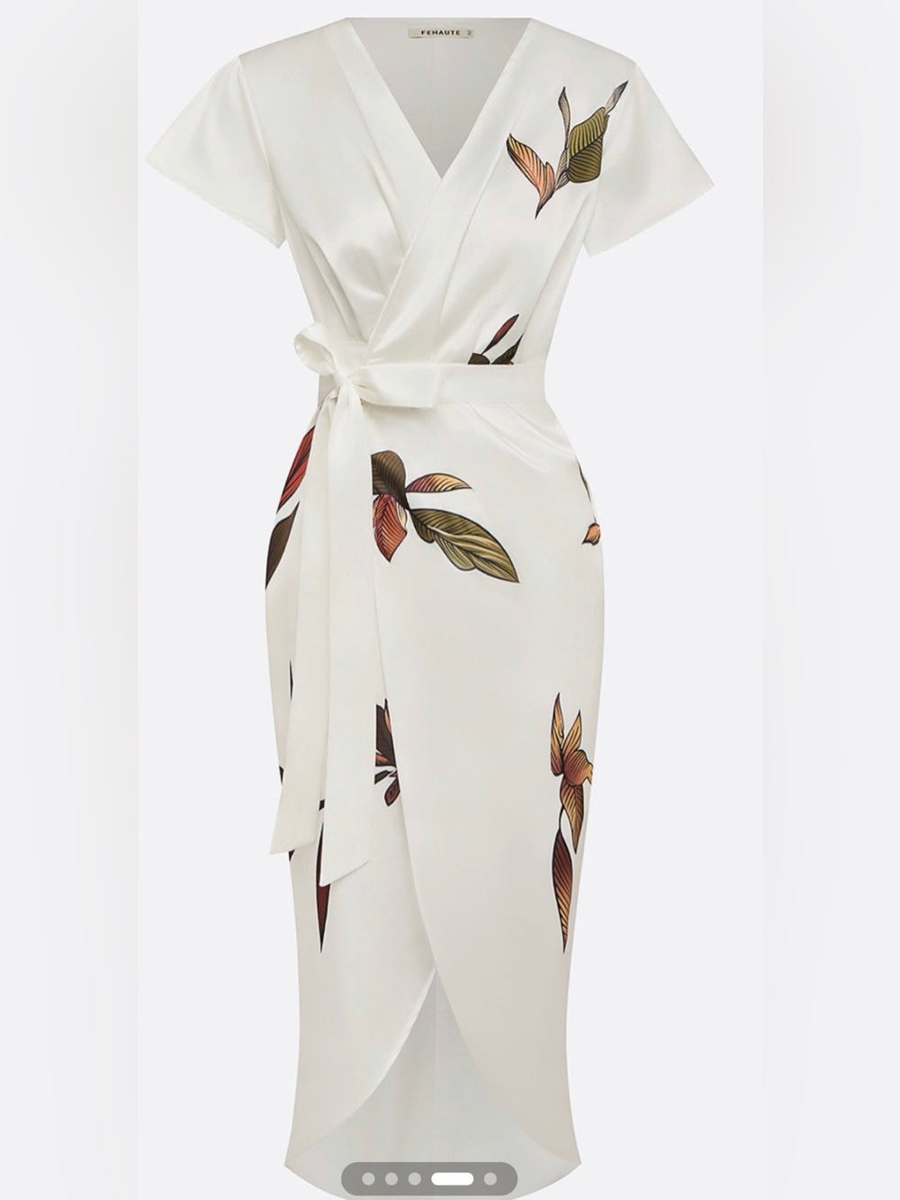 White Floral Wrap Midi Dress with Leaf Print #251 - Picture 11 of 14